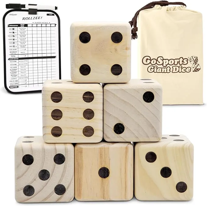 GoSports Giant Wooden Playing Dice Set with Rollzee and Farkle Scoreboard - Includes 6 Dice, Dry-Erase Scoreboard and Canvas Tote Bag - Choose 2.5 Inch or 3.5 Inch Dice)