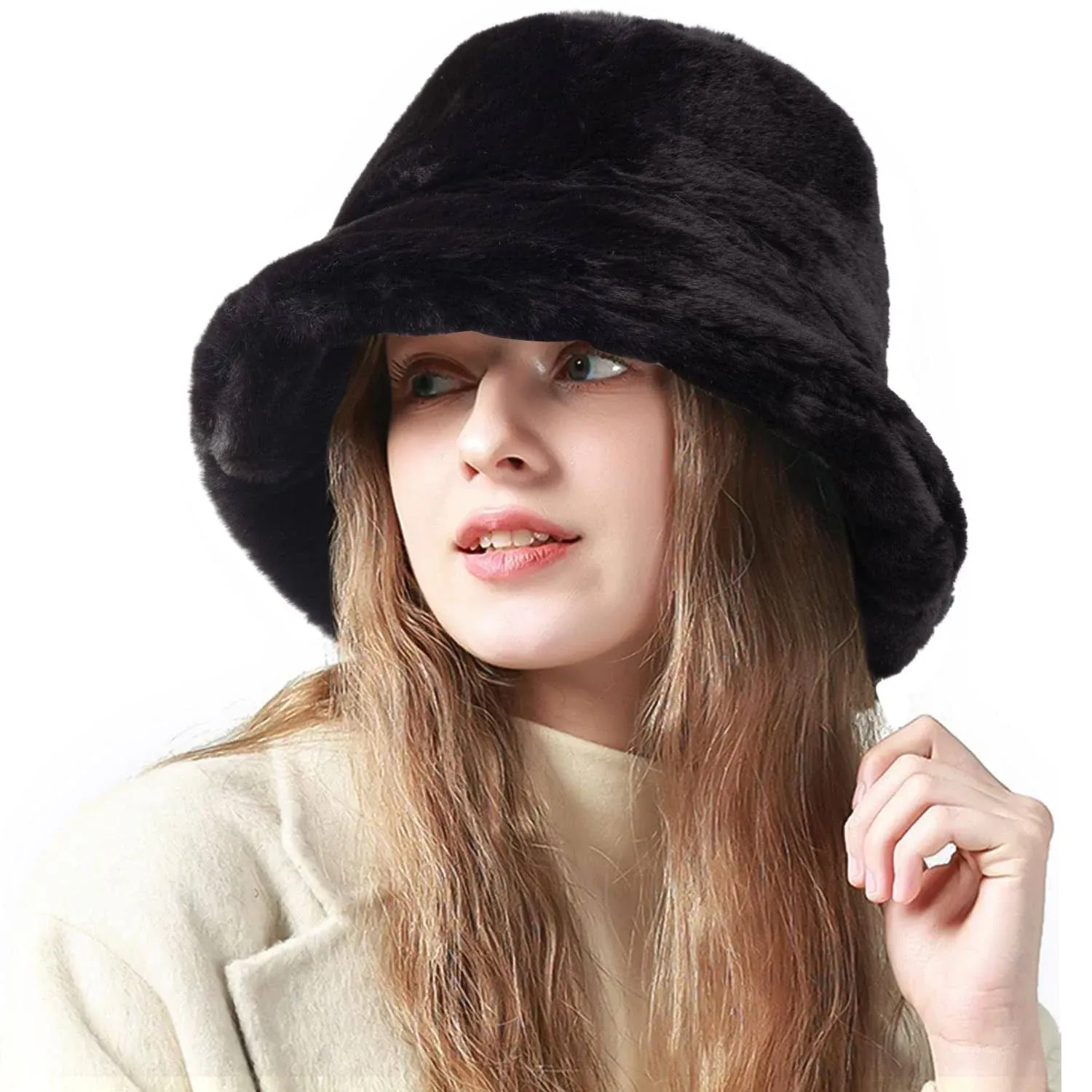 Fluffy Faux Fur Bucket Hat Winter Warm Hat for Women Men