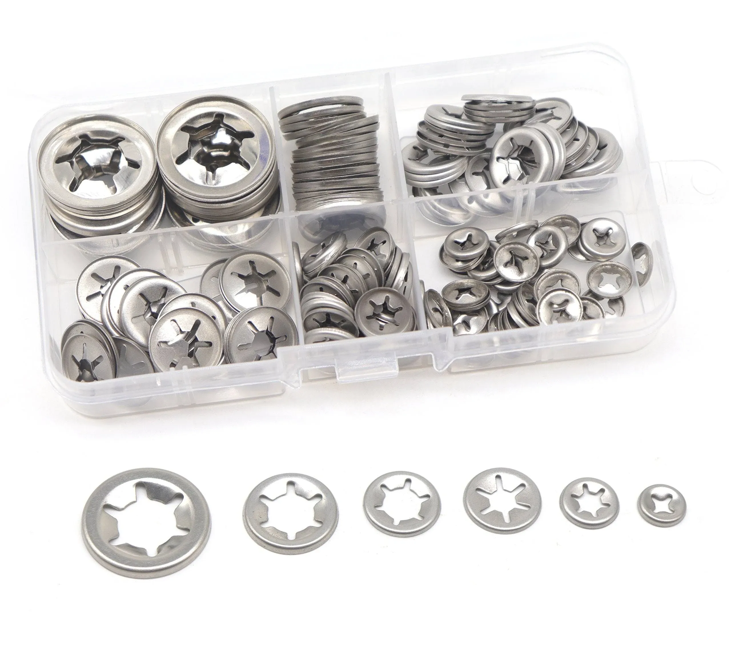 cSeao 150pcs 304 Stainless Steel Starlock Internal Tooth Push On Locking Washers Assortment Kit, M3/ M4/ M5/ M6/ M8/ M10/ M12