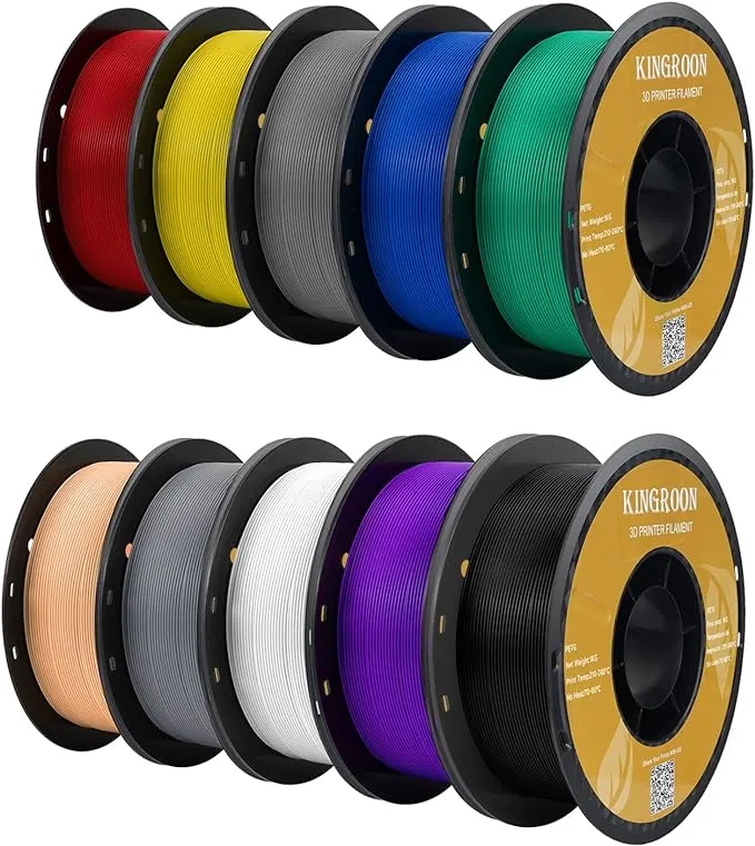 Kingroon PETG 3D Printer Filament, 10 Rolls, Dimensional Accuracy +/- 0.03 mm, 10kg Spool(22lbs), 1.75 mm，Black White Grey Red Blue Green Purple Skin Silver Yellow