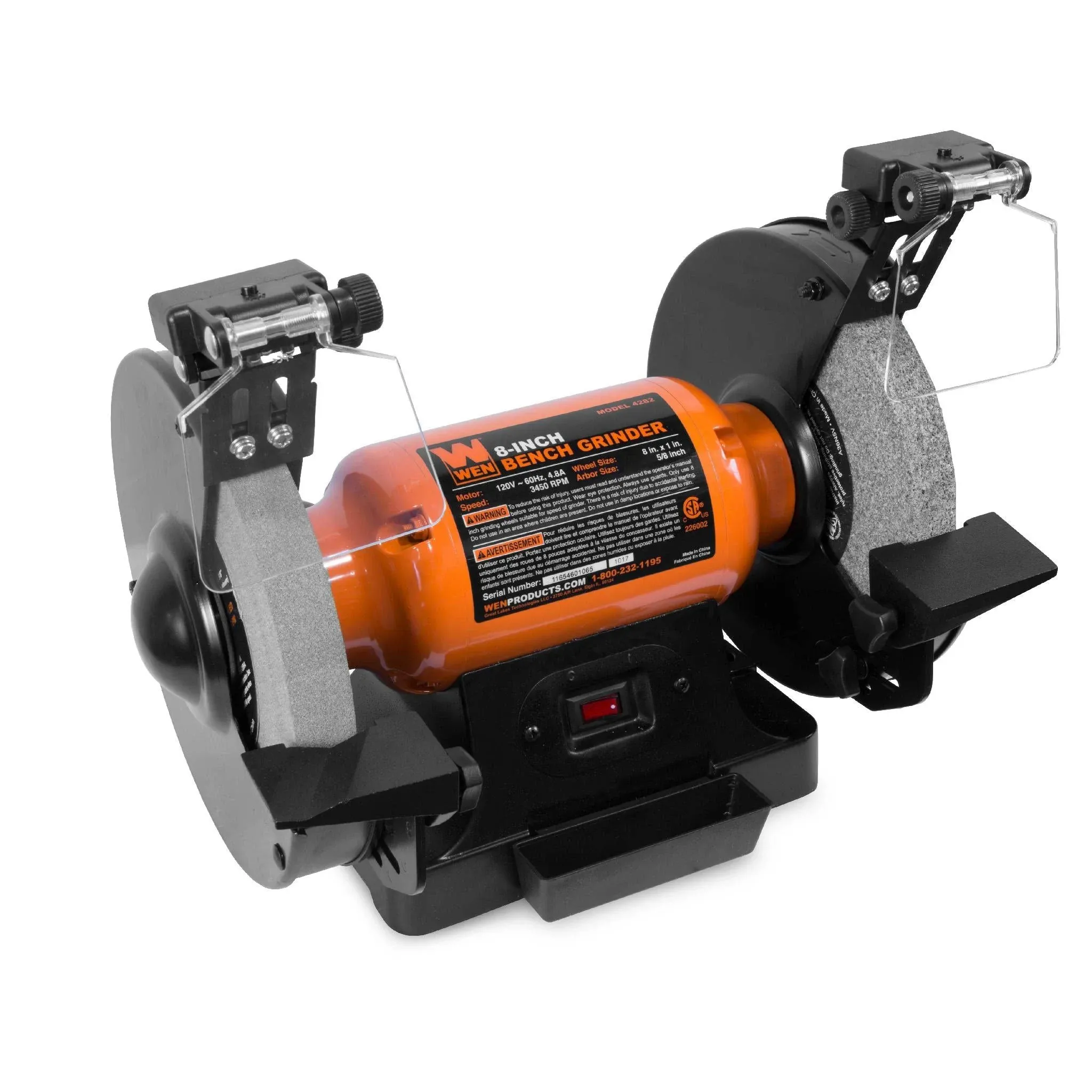 WEN BG4282 4.8-Amp 8-Inch Single Speed Bench Grinder with LED Work Lights, 14 x 10 x 11.75 inches, Black and Orange