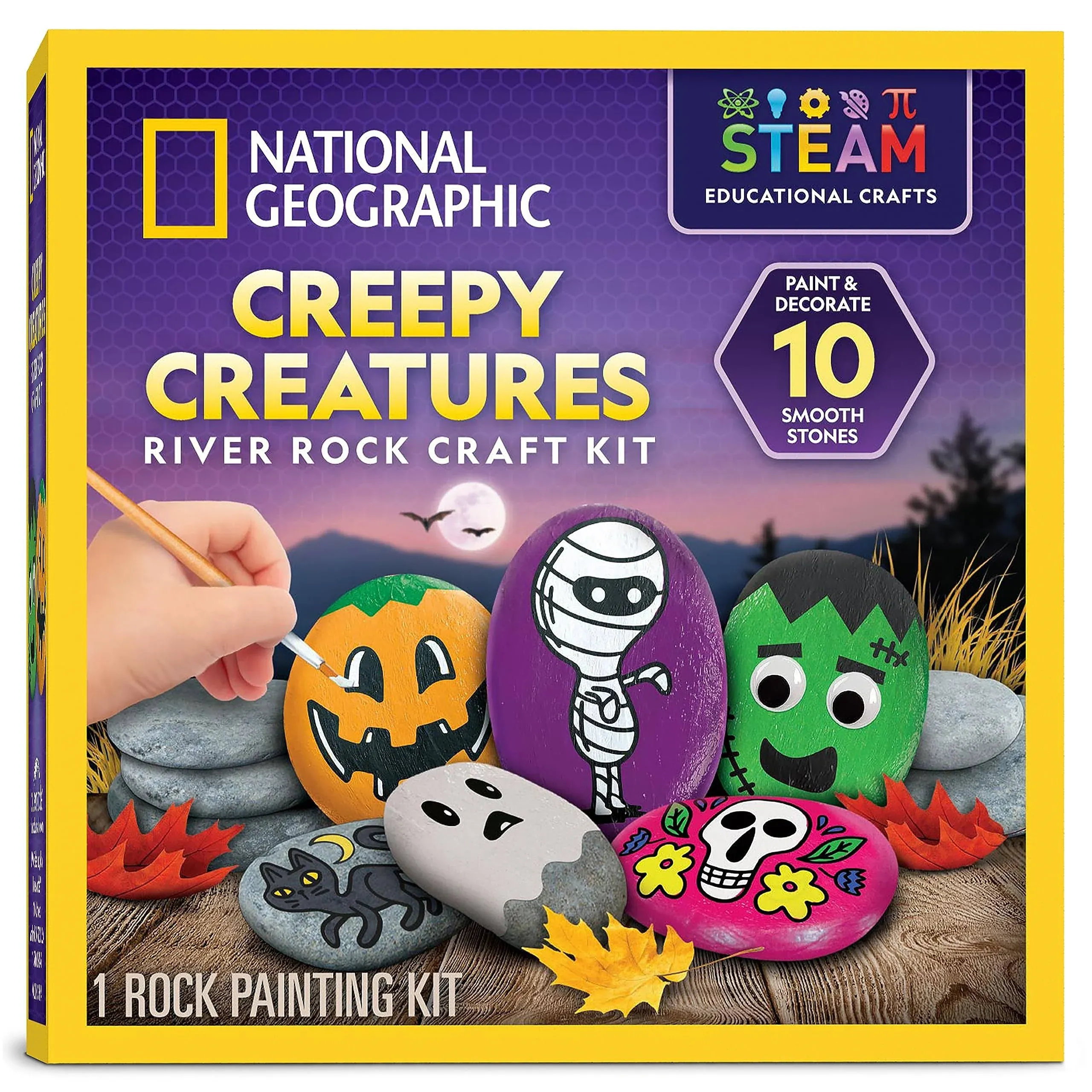 National Geographic Creepy Creatures Rock Painting Kit - Halloween Arts & Crafts Kit for Kids, Decorate 10 River Rocks with 10 Paint Colors & More