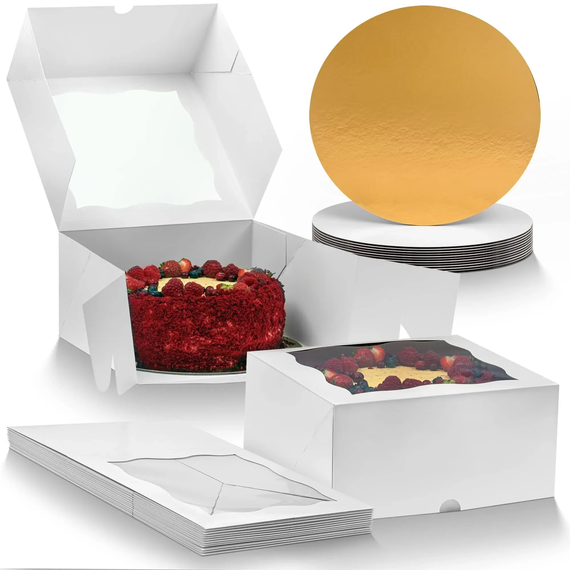 Cake Boxes with Cake Boards Set - 12 Front-Loading Cake Boxes 10 Inch 12 Whit...