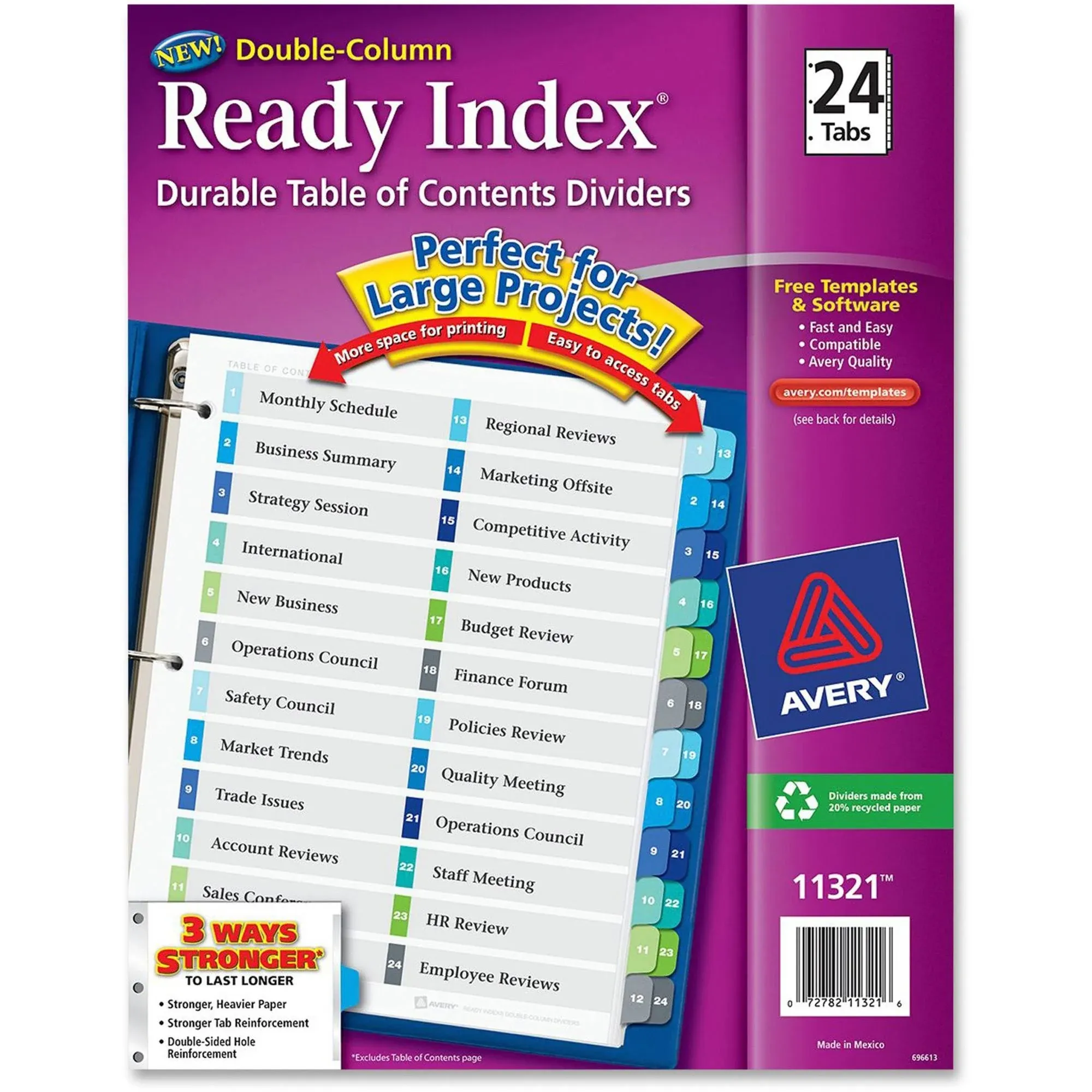 Avery Double Column 24 Tab Dividers for 3 Ring Binders, Customizable Table of Contents, Multicolor Tabs, 1 Set (11321)