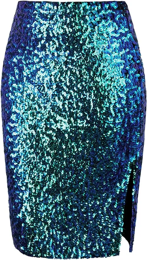 Vijiv Women's Sequin Skirt Midi High Waist Elegant Stretchy Sparkle Side Slit Pencil Skirt Party Cocktail