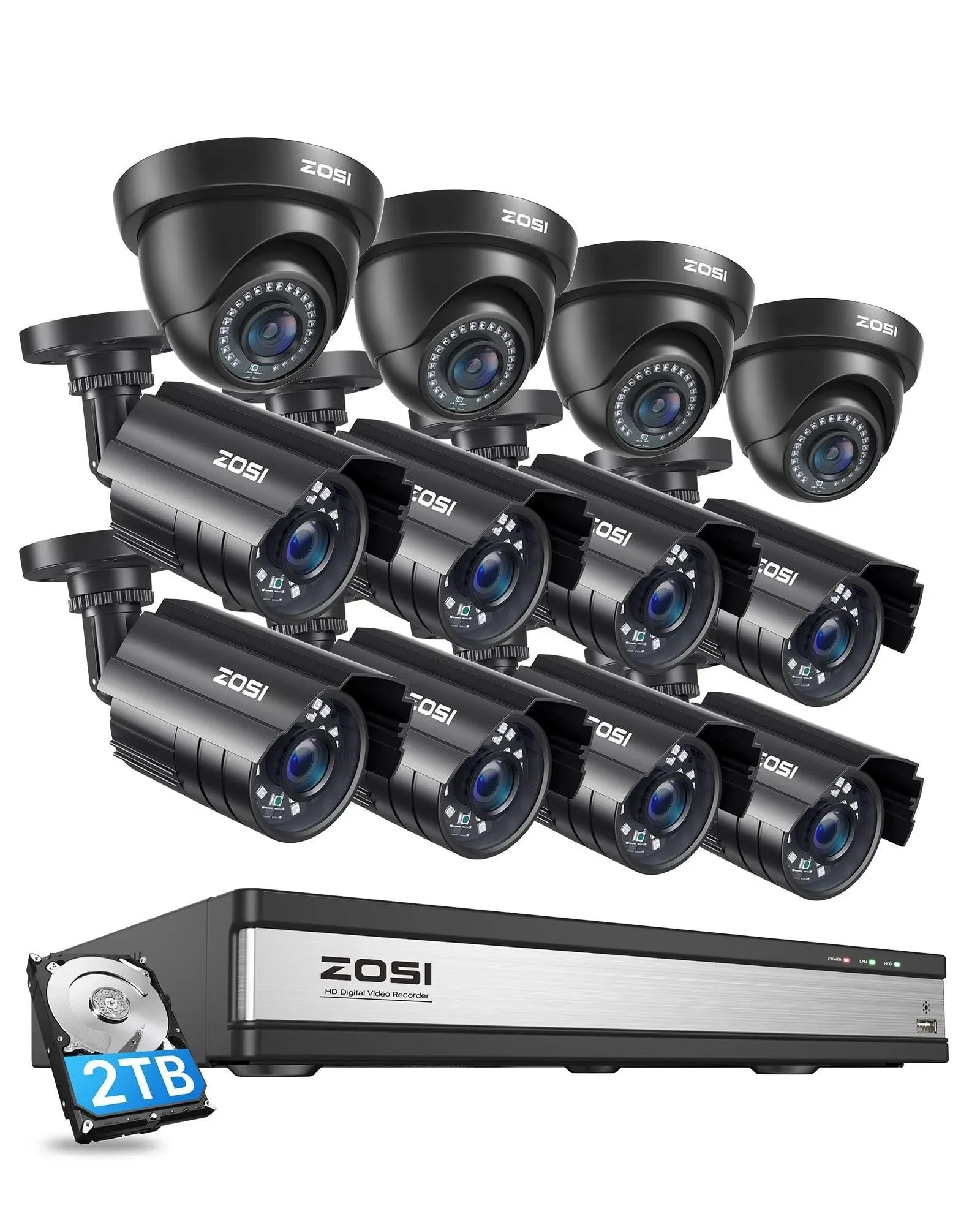 ZOSI 16CH 1080P 16pcs Security Camera System with 2TB Hard Drive,H.265+ 16Channel 1080P HD-TVI DVR, 80ft Night Vision, Motion Detection,Remote Access