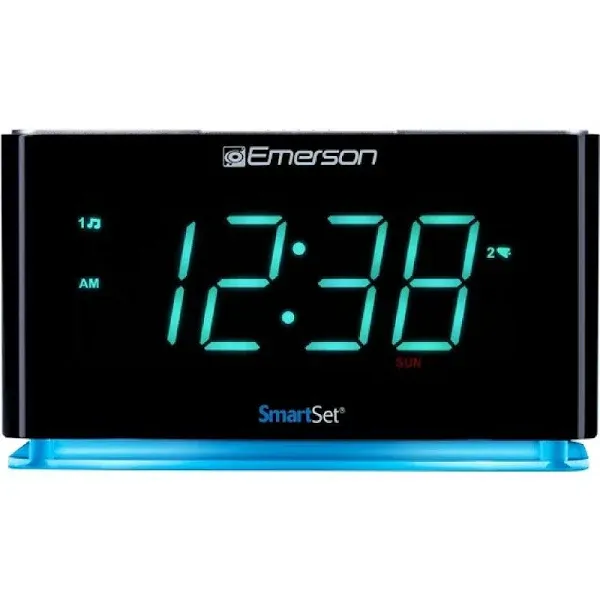 Emerson SmartSet Alarm Clock Radio with Bluetooth Speaker, USB Charger for iPhone and Android, Night Light, and Cyan LED Display