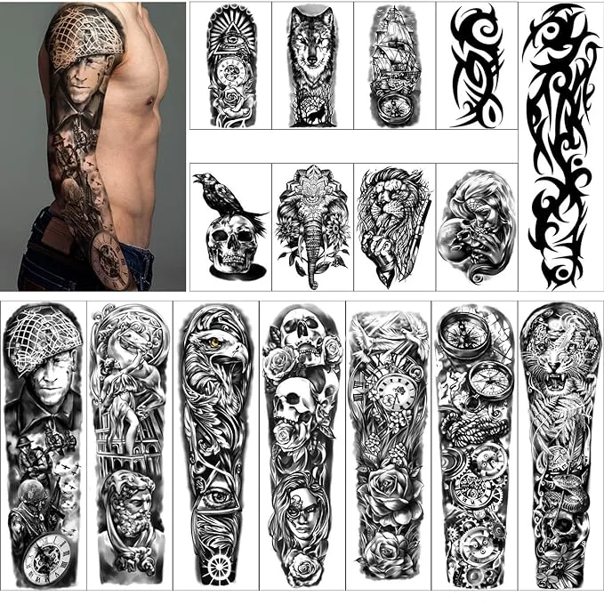 Full Arm Temporary Tattoos 8 Sheets and Half Arm Shoulder Waterproof Tattoos 8 Sheets, Extra Large Tattoo Stickers for Men and Women (22.83"X7.1")