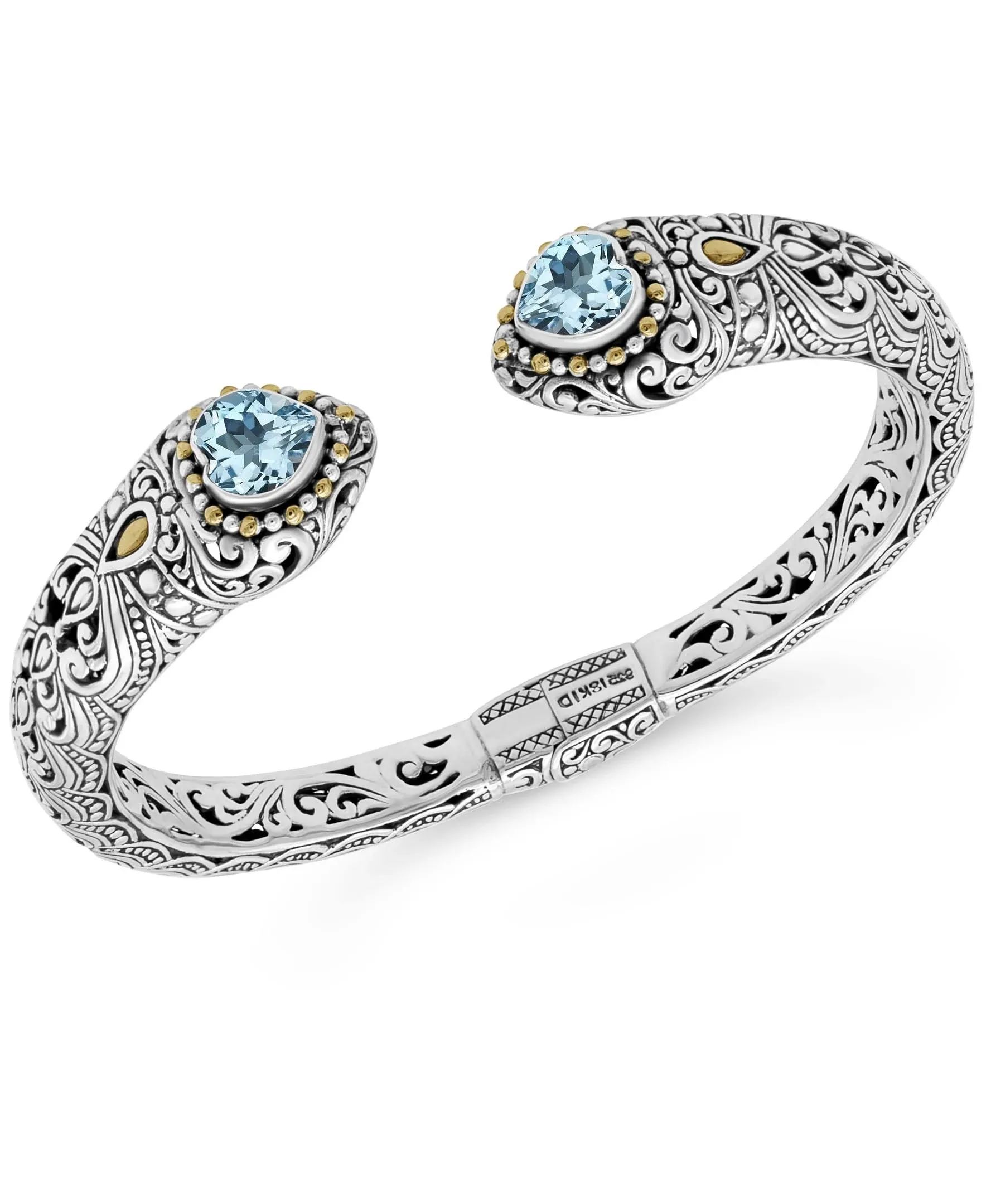 Topaz & Bali Filigree Heart Cuff Bracelet in Sterling Silver and 18K Gold