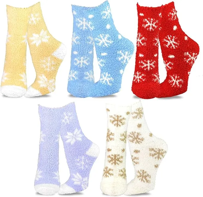 Teehee Fashionable Cozy Fuzzy Slipper Crew Socks for Women 5-Pack (Snowflake)