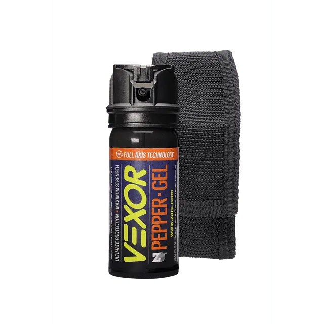 VEXOR® Pepper Gel from Zarc™, Maximum Strength Police Pepper Spray, Gel Is The future, Full Axis (360°) Technology Shoots from Any Angle 18-feet, Flip-top Safety and Belt Clip Included