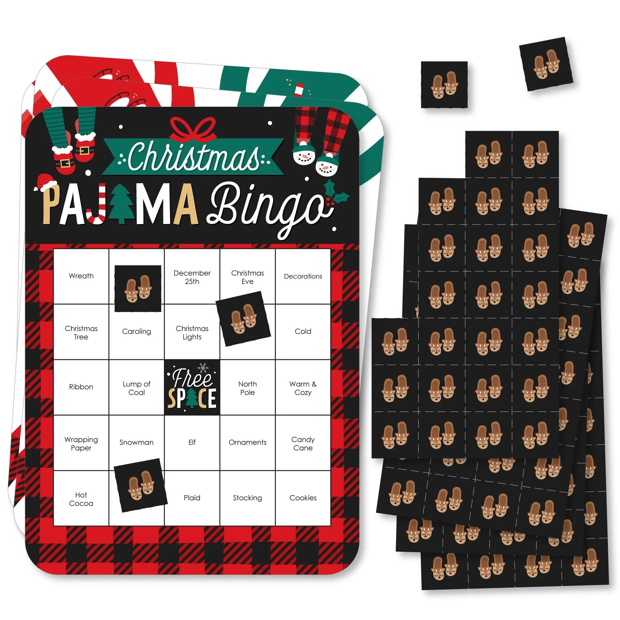 Christmas Pajamas - Bingo Cards and Markers - Holiday Plaid PJ Party Bingo Game - Set of 18