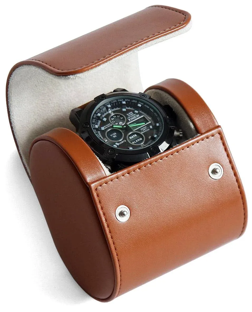 Watch Roll Travel Case for Men and Women with Suede Lining Watch Display Box Single Watch Storage and Organizer (1 Slot Light Brown)