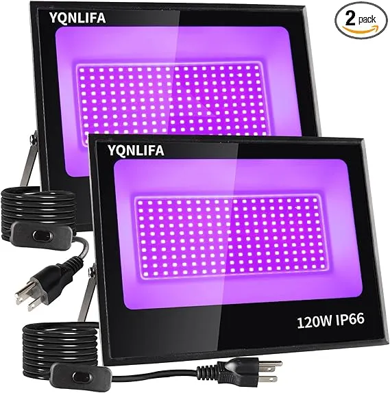 YQNLIFA 2 Pack 120W LED Black Lights, Blacklight Flood Light for Halloween Decorations, IP66 Waterproof Black Lights for Black Light Party, Stage Lighting, Body Paint, Fluorescent Poster