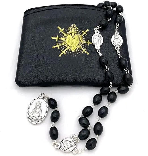 Seven Sorrows of Mary Rosary Chaplet Oval Black Wooden Beads and Matching Rosary Pouch- Servite Rosary