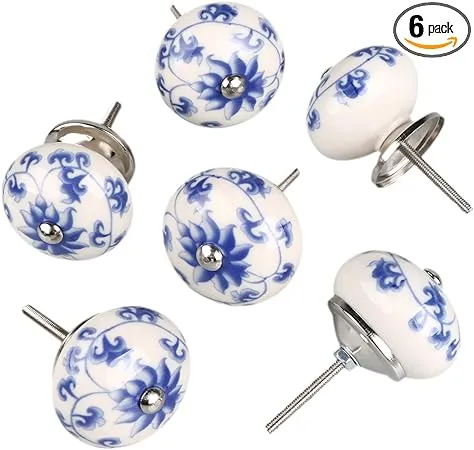 Unique Bargains 6 Pcs Ceramic Knobs Drawer Pulls Cupboard Handles Door Blue and White Flower