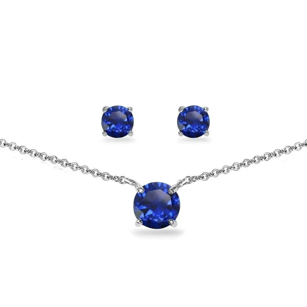 925 Silver Created Blue Sapphire Round Solitaire Choker Necklace &amp; Earrings Set