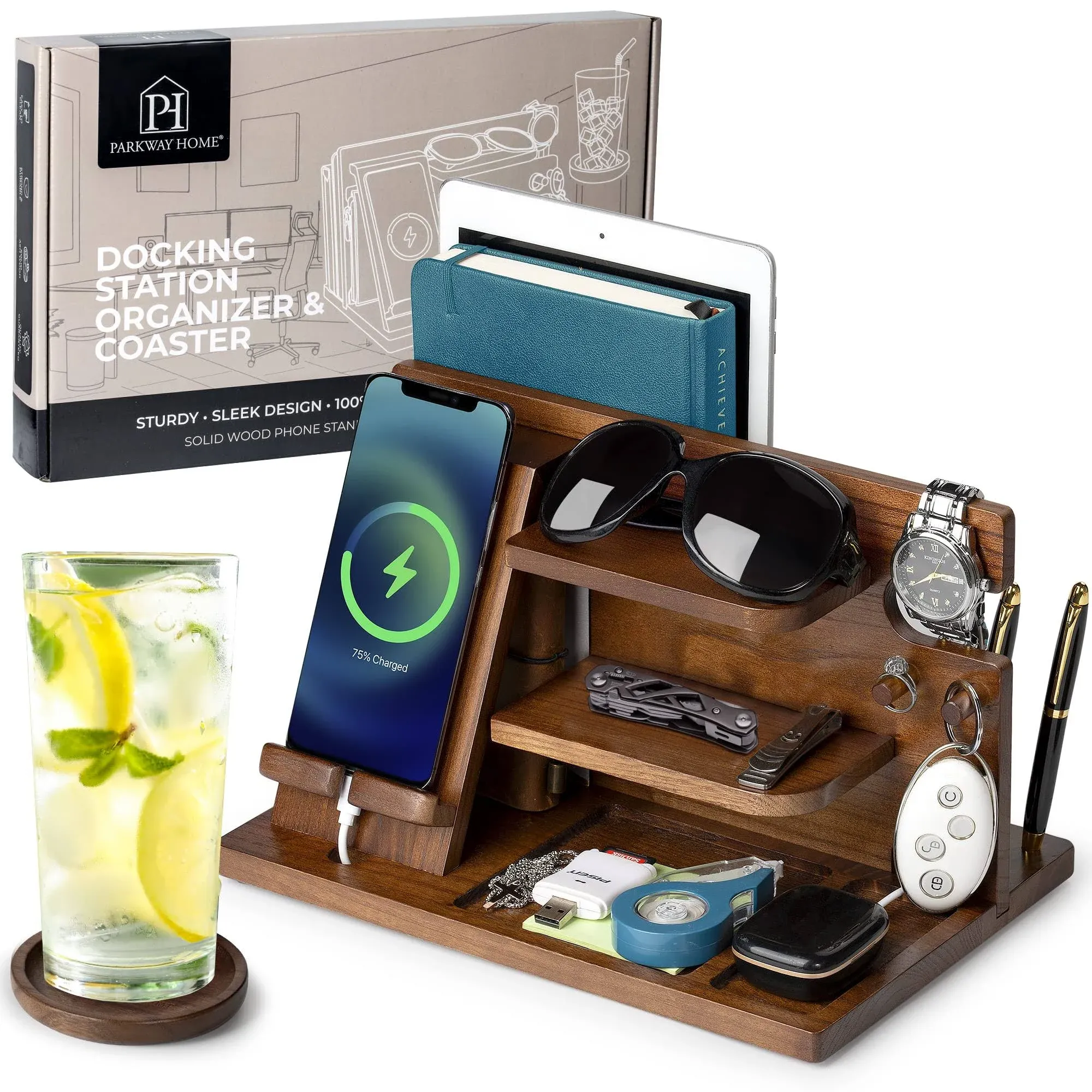 Wooden Docking Station with Laptop Compartment & Coaster! Ash Wood Tray, Bedside ...