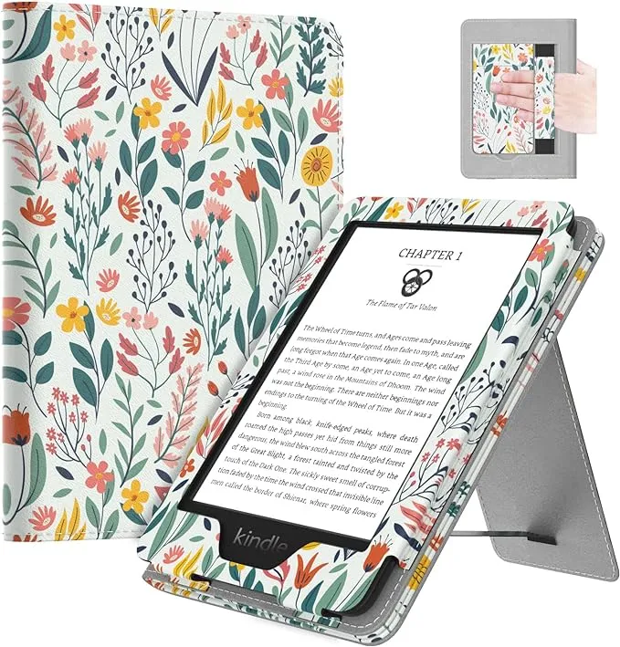 MoKo Case Fits All-New 6" Kindle (11th Generation, 2024/2022 Release)/ Kindle (10th Gen,2019)/Kindle (8th Gen, 2016), Ultra Lightweight PU Shell Cover with Auto Wake/Sleep for Kindle 2024, Flowers