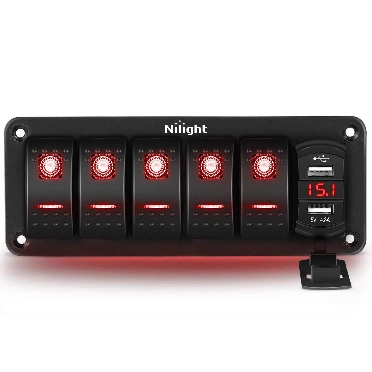 Nilight 5 Gang Rocker Switch Panel Red Backlit with 4.8 Amp Dual USB Charger Voltmeter Waterproof 12V 24V DC Rocker Switch with Night Glow Stickers for Car Trucks Boats RVs