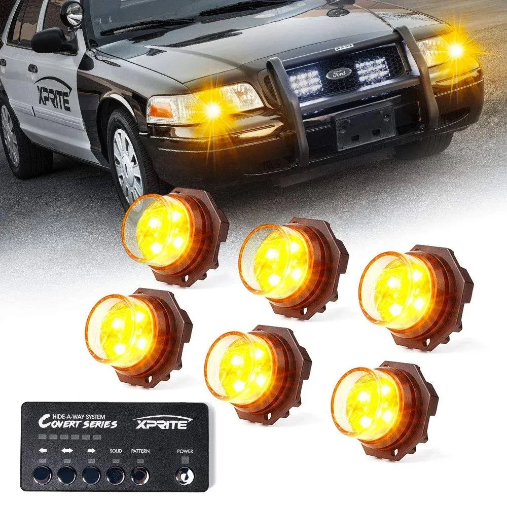 Xprite 6X Amber Headlight Hideaway Strobe Light Kit LED Emergency Warning Lights