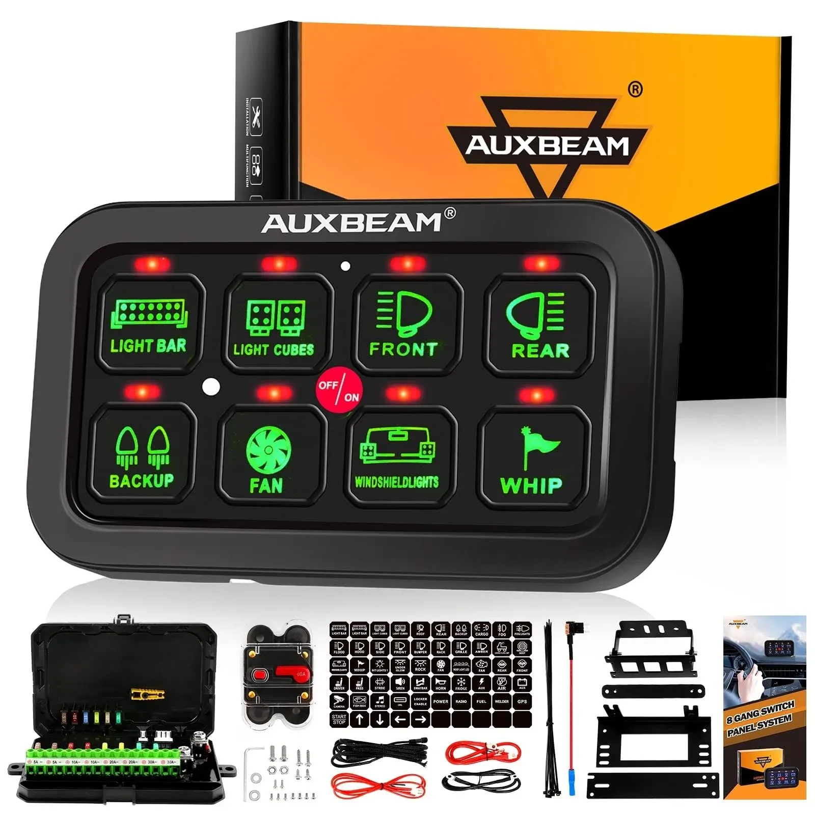 Auxbeam Switch Panel | Off Road Lights Controller | 6/8 Gang Switch Panel Green Backlight / 8 Gang(One-sided Outlet)