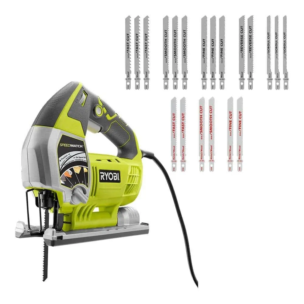 6.1 Amp Corded Variable Speed Orbital Jig Saw with SPEEDMATCH Technology with All Purpose Jig Saw Blade Set (20-Piece)