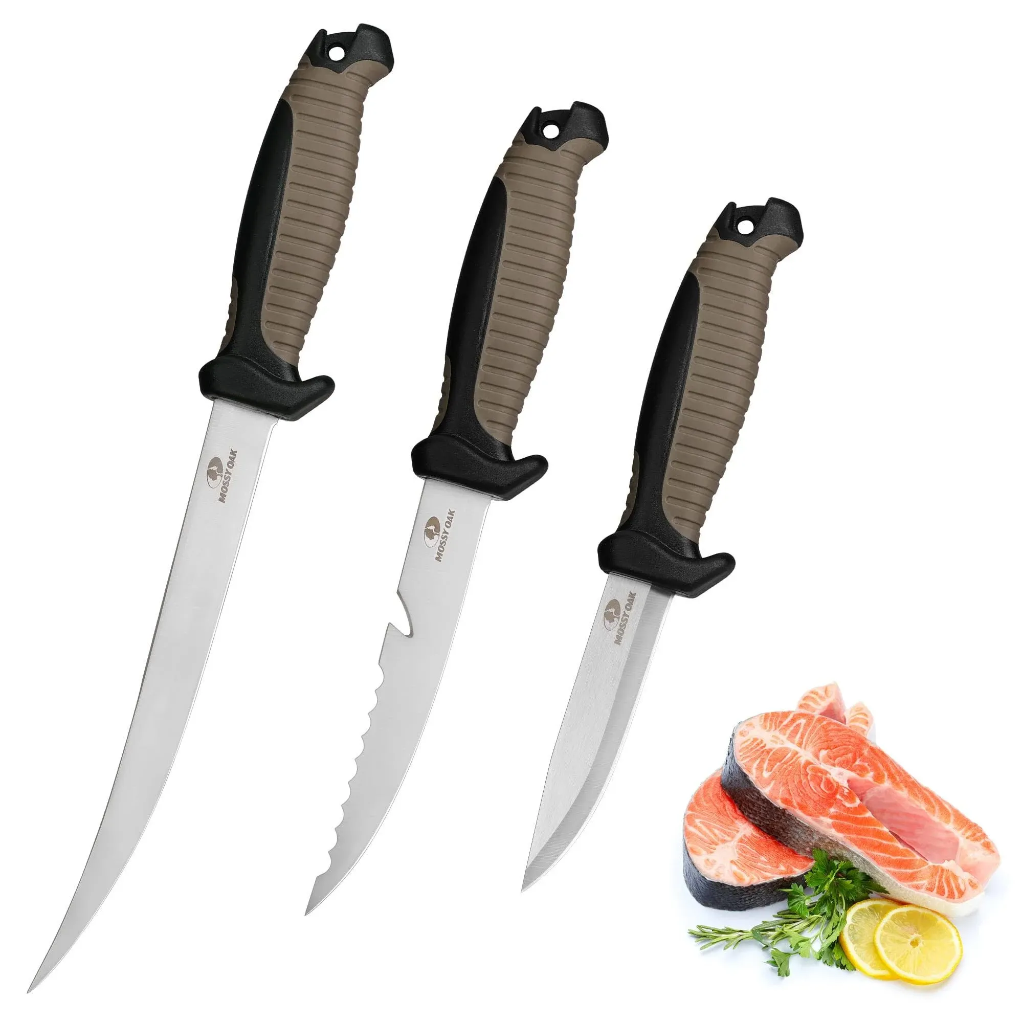 Mossy Oak 3-Piece Fishing Fillet Knife Set with Protective Sheath, Stainless Steel Filet Knives with Non-Slip Handle, Bait Knife for Filleting and