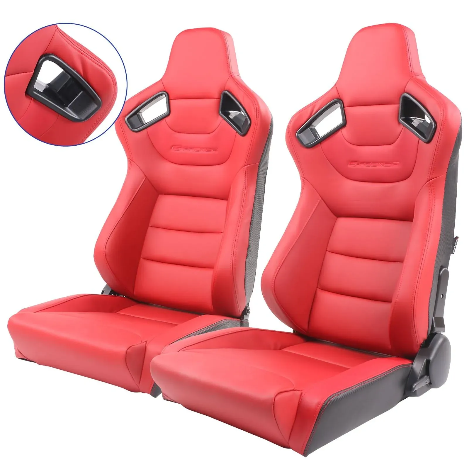 Ikon MOTORSPORTS, Universal Racing SEATS with Dual Sliders, Reclinable Red PU & Carbon Leather Sport Bucket Seats, 1 Pair Driver + Passenger Side, (