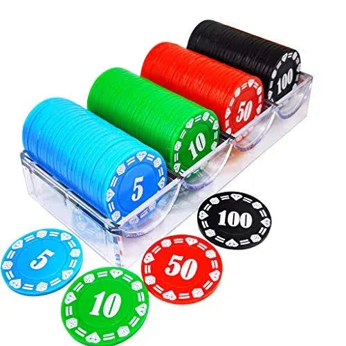 Plastic Poker Chips Set of 100 Pcs with Storage Box,Denominati<wbr/>on Printed Casi...