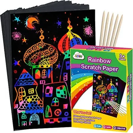 ZMLM Scratch Paper Art Set, 50 Piece Rainbow Magic Scratch Paper for Kids Black Scratch it Off Art Crafts Notes Boards Sheet with 5 Wooden Stylus for Easter Party Game Christmas Birthday