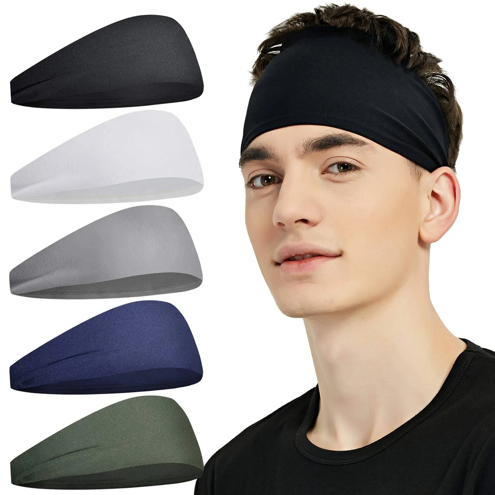 Pilamor Sports Headbands for Men (5 Pack), Moisture Wicking Workout Headband, Sweatband Headbands for Running, Cycling, Football, Yoga, Hairband