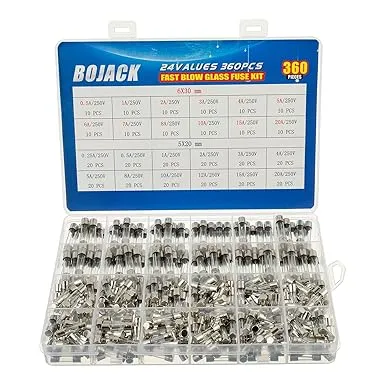 Bojack 24 Values 360 Pcs Fast-Blow Glass Fuse Assortment Kit 5x20mm 250V 0.25 0.5 1 2 3 4 5 8 10 12 15 20A 6x30mm 250V 0.5 1 2 3 4 5 6 7 8 10 15 20A