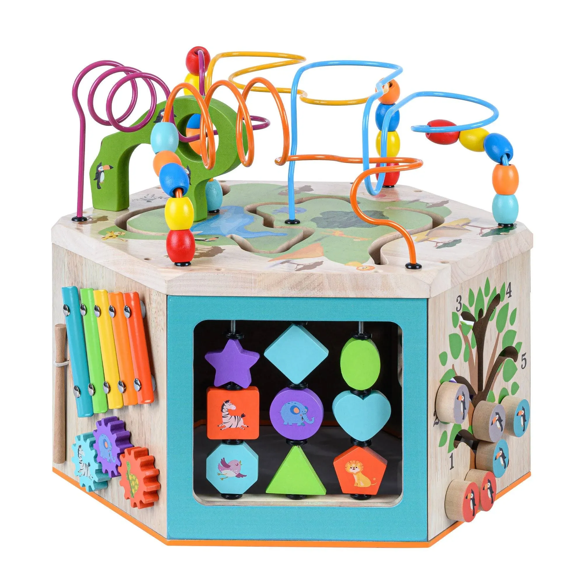 Kids Preschool Play Lab 7-in-1 Large Wooden Activity Station, Natural