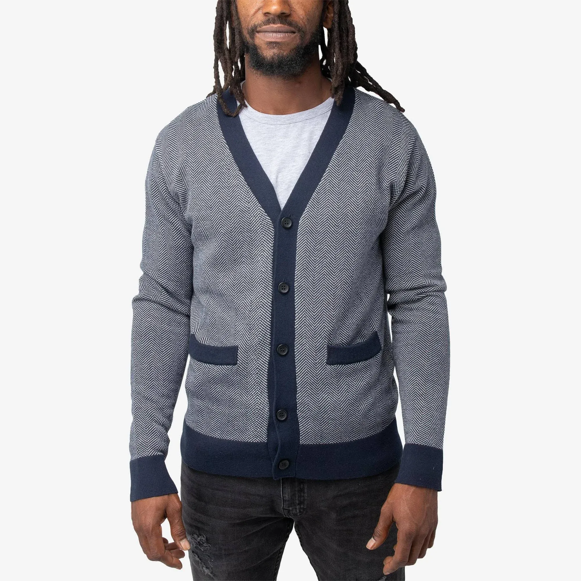 X-Ray Men's Herringbone Cardigan Sweater - White, Navy - Size XL