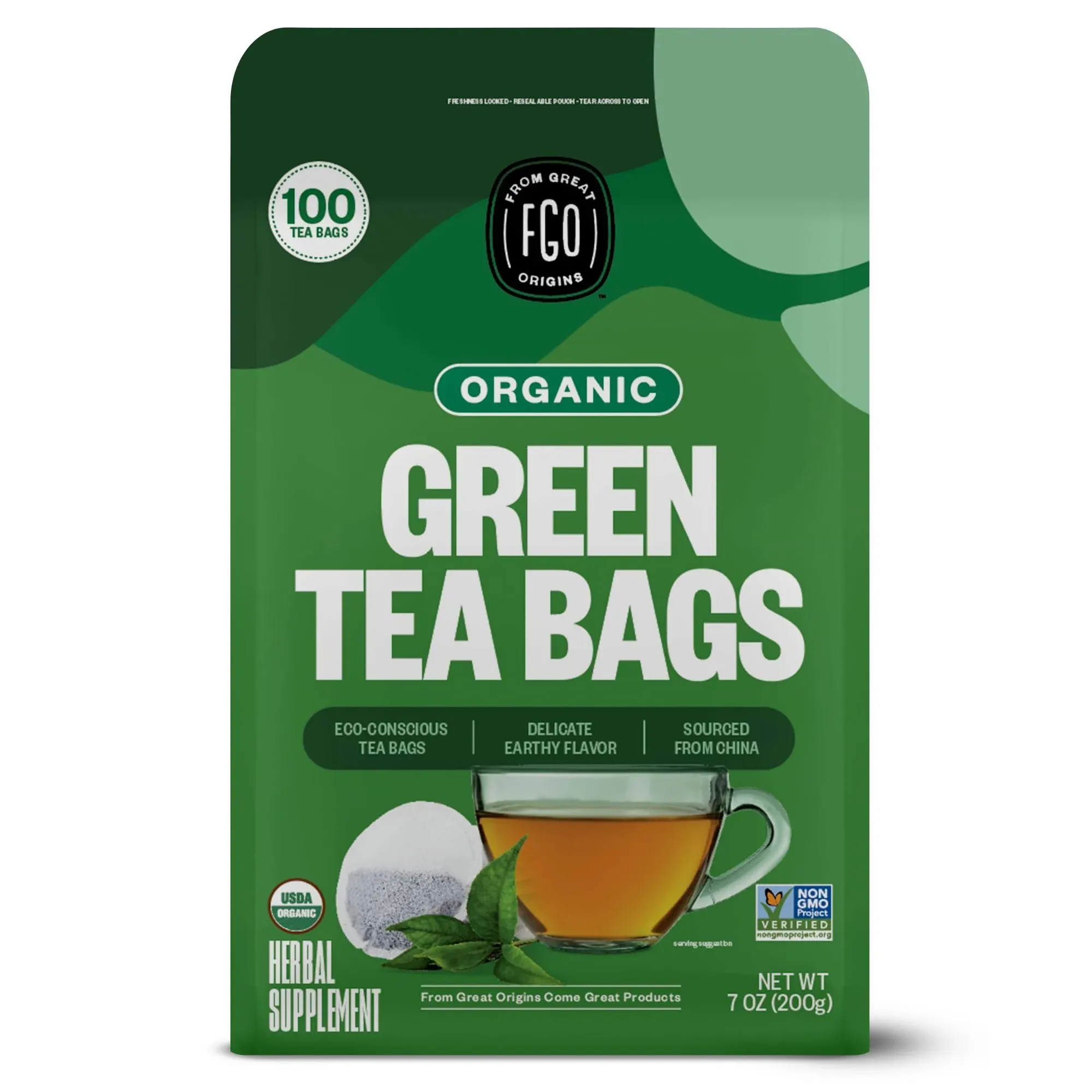 FGO Organic Green Tea, Eco-Conscious Tea Bags, 100 Count