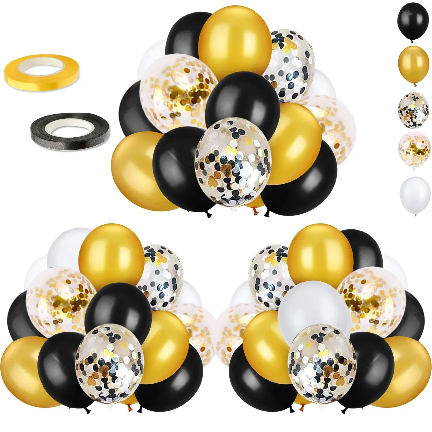 72 Pack Black Gold Confetti Balloons Kit, 12 Inch Black Gold White Balloons and Gold Confetti Balloons with Balloon Ribbons