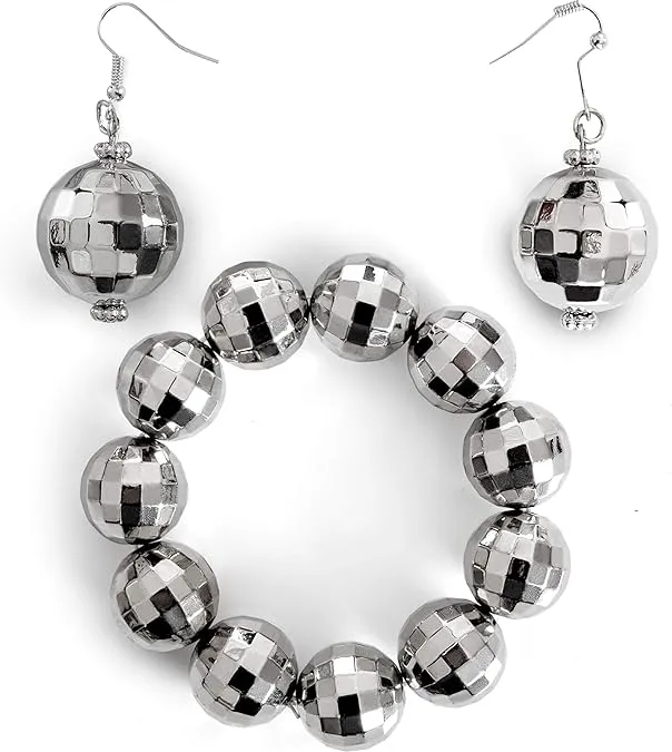 Disco Ball Jewelry Set - 1970s Silver Diva Mirror Balls Costume Bracelet and Earrings Rave Accessories Set for Women and Girls