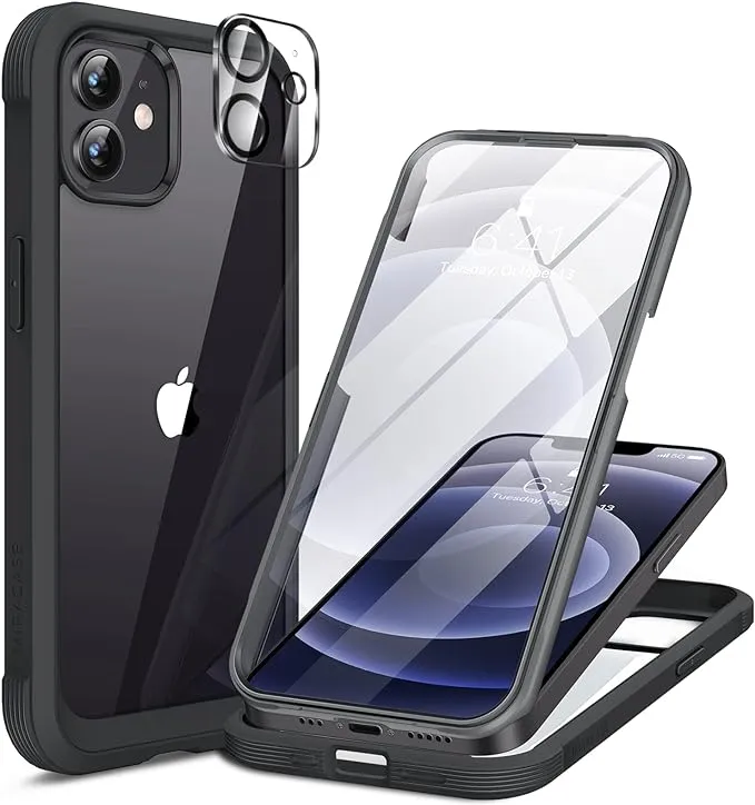 Miracase Glass Series for iPhone 12/12 Pro - Full-Body Rugged Protective Case with Built-in 9H Tempered Glass Screen Protector and Camera Lens Protector - Black