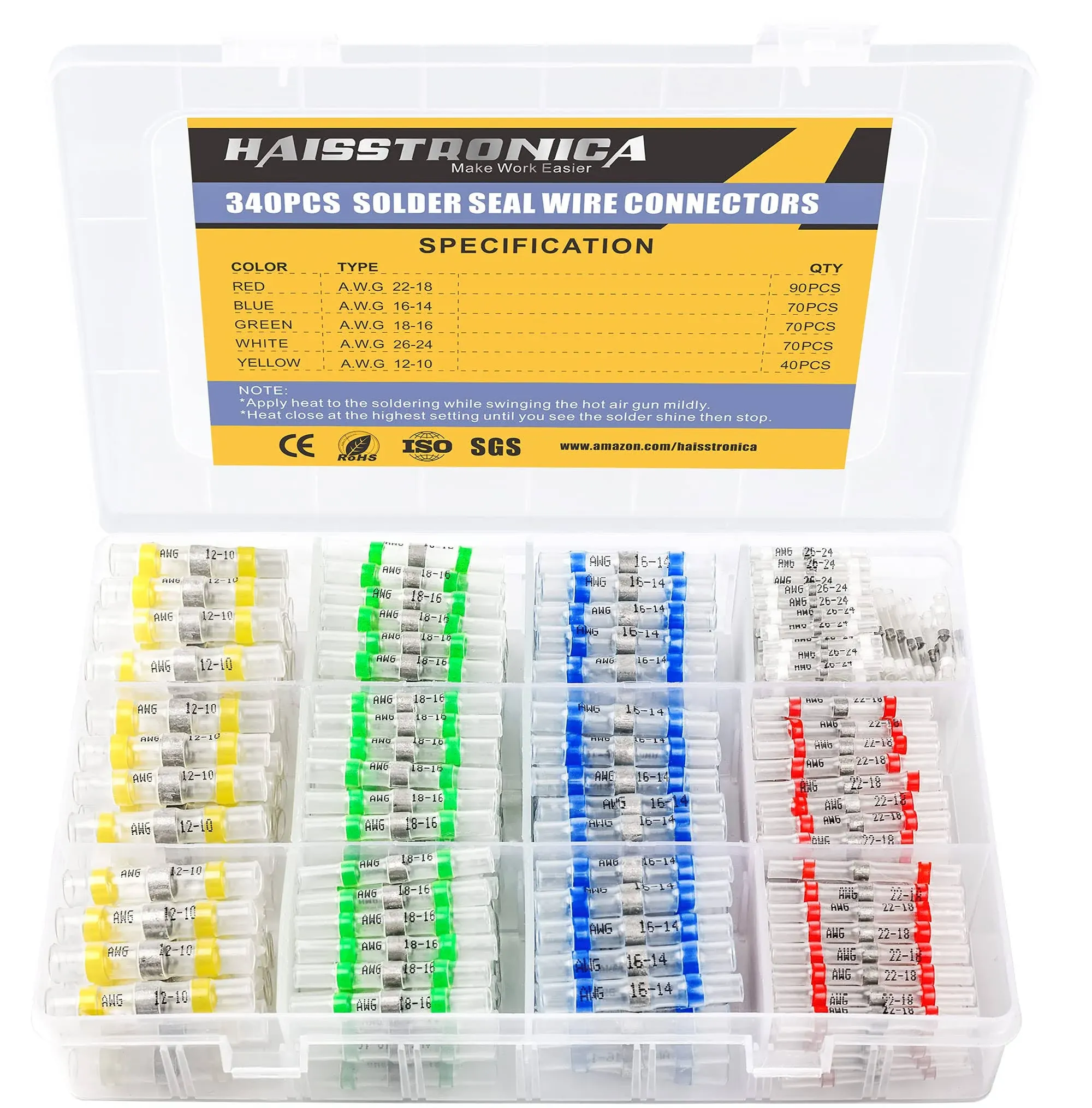 340PCS Solder Seal Wire Connectors-haisstronica Marine Grade Heat Shrink Wire Connectors-Butt Splice Wire Terminals for Marine,Electrical