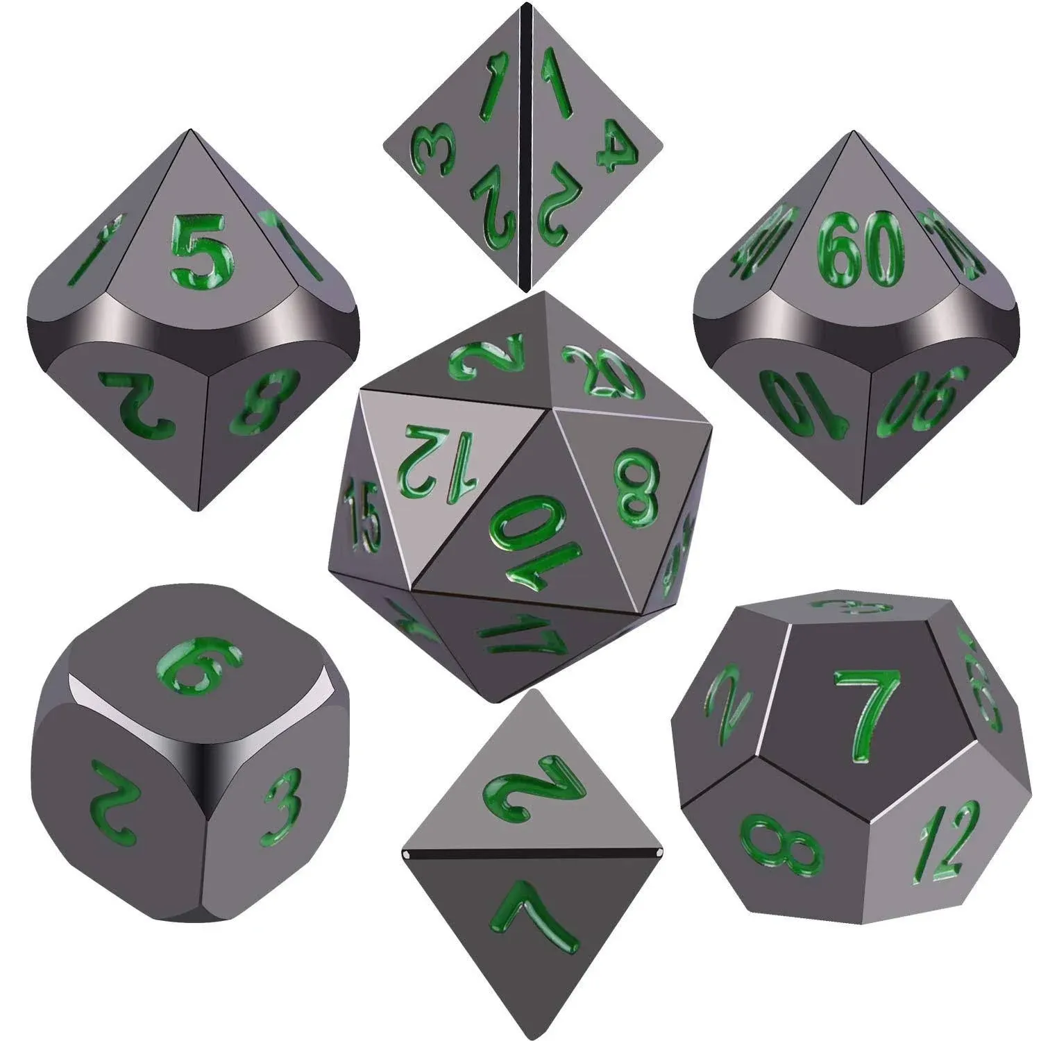 SIQUK Metal Polyhedral Dice Shiny Black Body and Dark Green Numbers Zinc Alloy ...