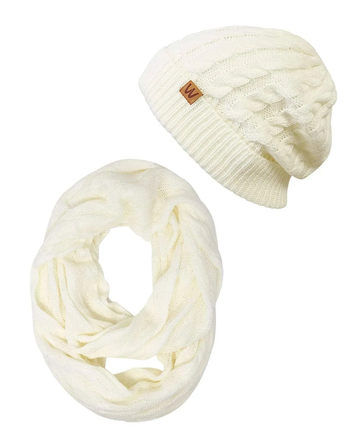 Wrapables Winter Warm Cable Knit Infinity Scarf and Beanie Set Cream