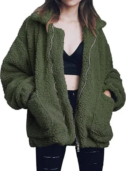 Comeon Womens Faux Fur Fleece Shaggy Shearling Jacket - Green-Medium