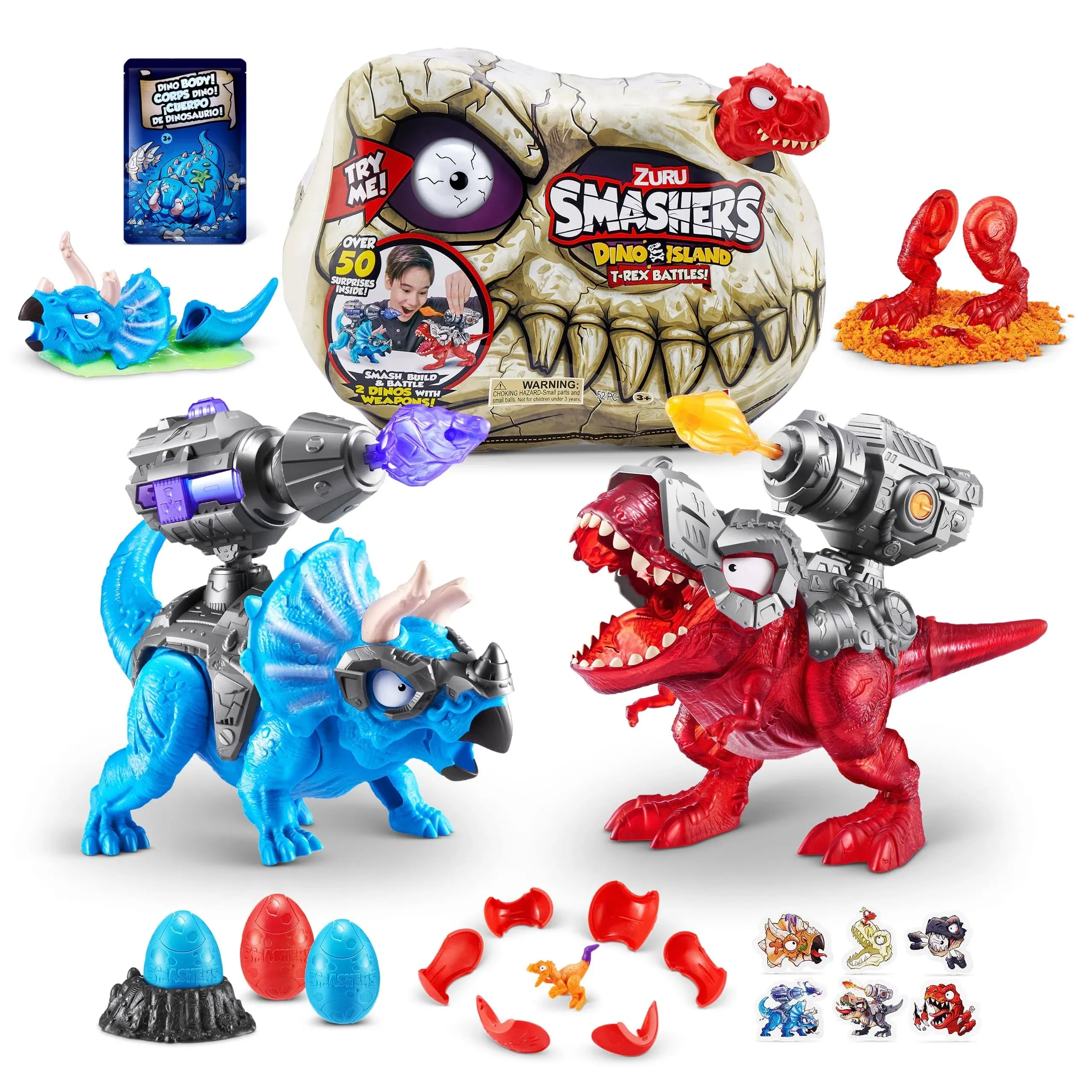 Smashers Dino Island T-Rex Battles (Red Version) by ZURU 50+ Surprises Boys Collectible Dinosaur T-Rex Triceratops Surprise Slime Sand Compounds Discovery