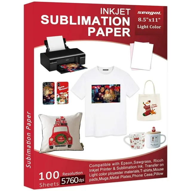 Sublimation Paper 100 Sheets 8.5 x 11 Inches 125gsm, for Any Inkjet Printer with Sublimation Ink Epson, Sawgrass, Heat Transfer Sublimation for Mugs T-shirts Light Fabric