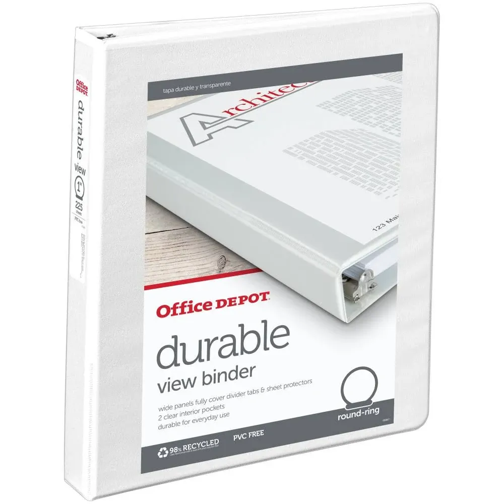 Office Depot Brand Durable View 3-Ring Binder, 1" Round Rings, White