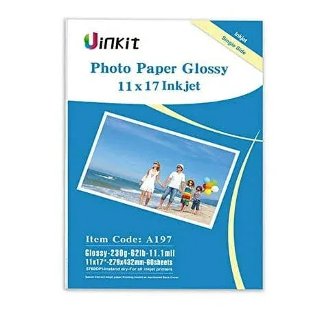 Uinkit 11 x 17 Thick Photo Paper Glossy 11x17 60Sheets 62lb Inkjet Heavyweight 230gsm Gallery show Brochure Pictures Funeral Bulletin Obituary Papers Obituaries Gloss Papers