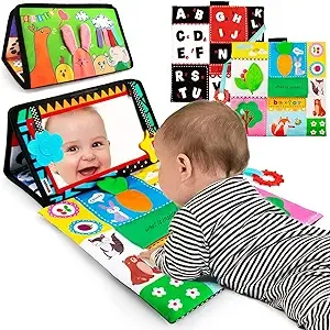 beetoy Tummy Time Baby Mirror Toys with Black and White Pattern, Double High Contrast 3D Activity Play Crinkle Toys