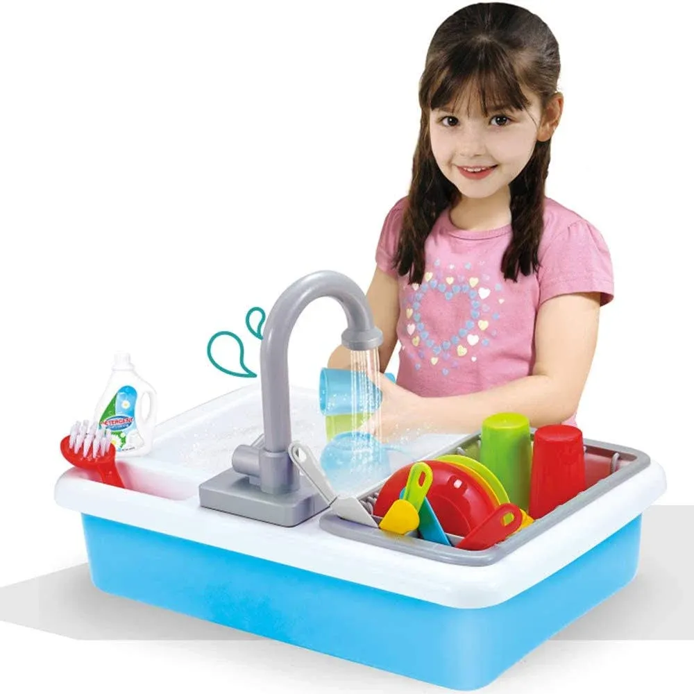 Liberty Imports Kids Role Play Kitchen Sink with Running Water - 20 Piece Electric Dishwashing Toy with Working Faucet, Dish