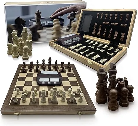 Doja Barcelona | Travel Chess Set with Clock | Magnetic Chess Board, Wooden Pieces and Tournament Digital Timer | Profesional Portable Wood Chess